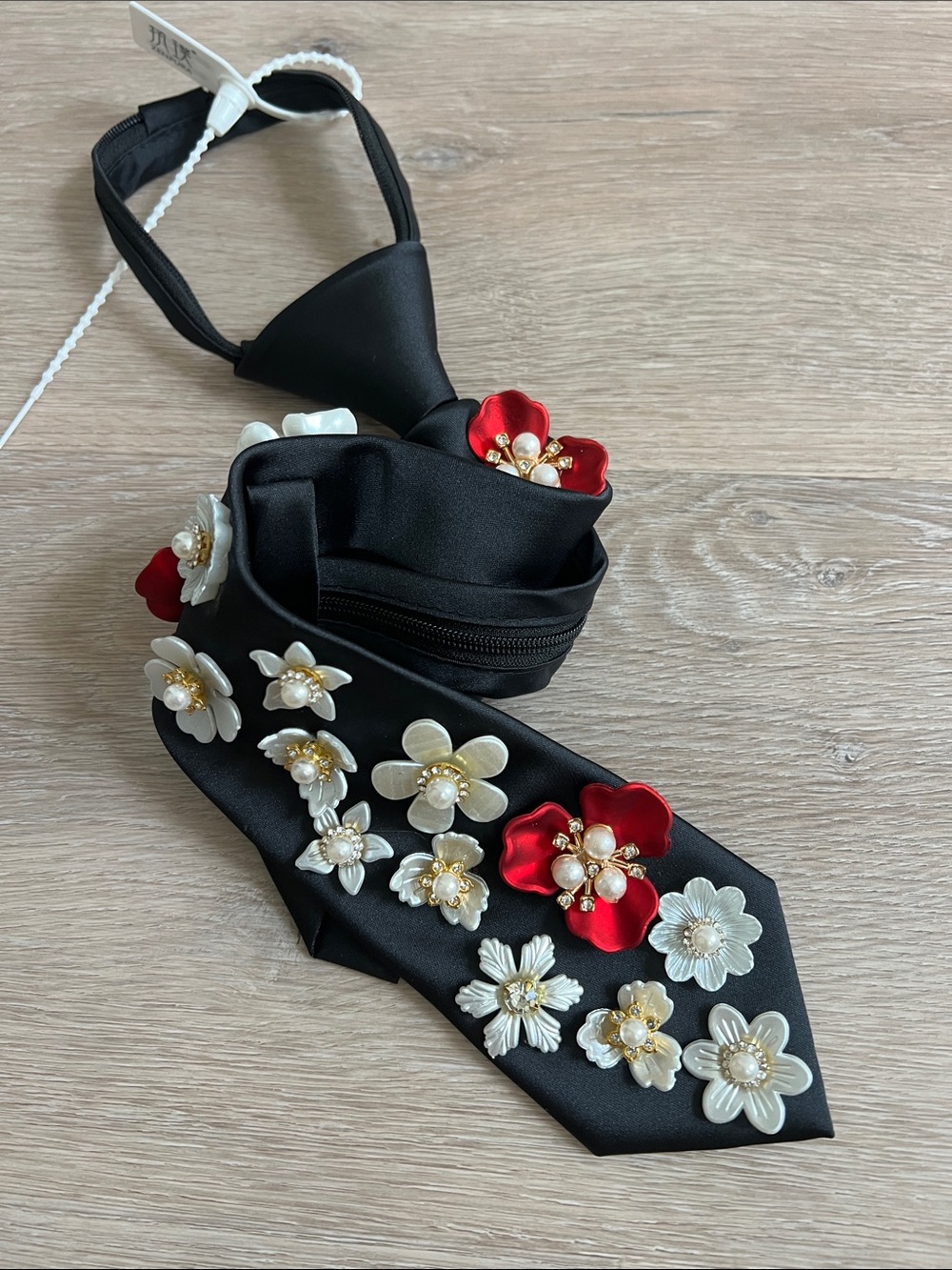 Black Floral Embellished Neck Tie - Women Accessories
